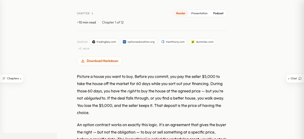 Reader mode showing a chapter on options trading as flowing prose with cited sources