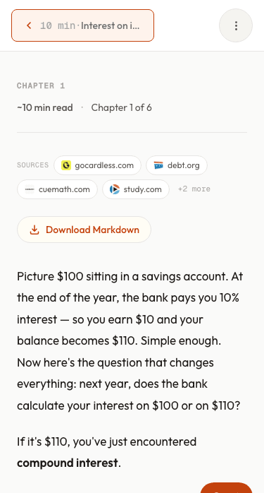 Reader mode showing a chapter on options trading as flowing prose with cited sources